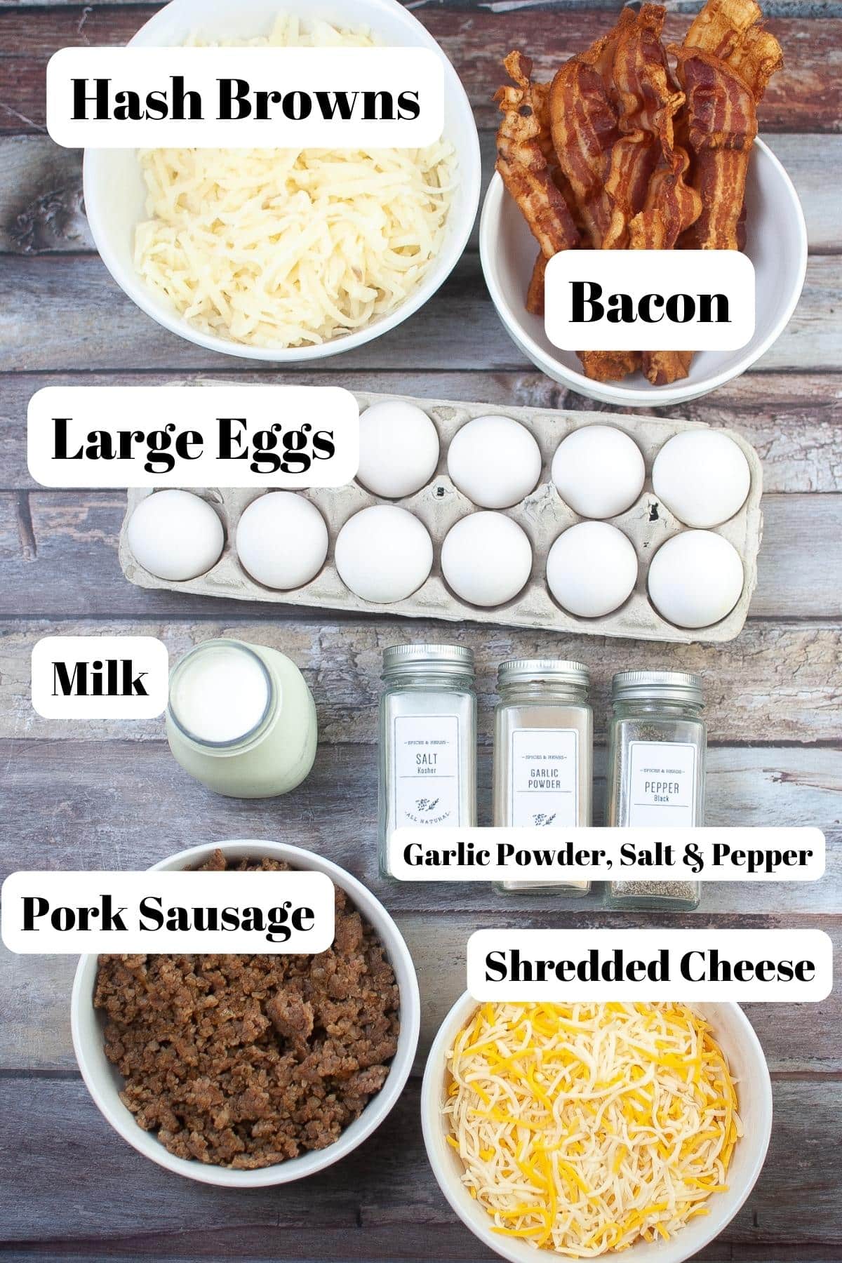 hash brown, bacon, cheese, eggs, milk, pork sausage and spices for air fryer breakfast casserole