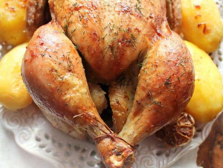 Roast chicken closeup showing tied chicken legs