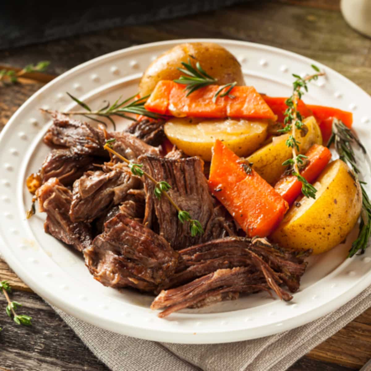 Closeup view of Instant Pot Beef Pot Roast with Carrots and Potatoes