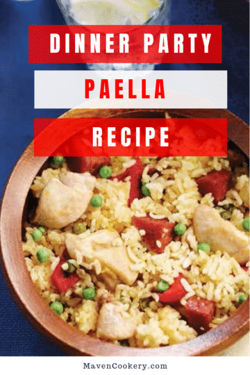 A dinner party worthy Paella Recipe made with chicken, seafood, rice, vegetables, and herbs. #paella #paellarecipe #seafoodpaella #chickenpaella #dinnerpartypaella #dinnerpartyideas #dinnerpartymaincourse #maincourse