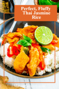 pin graphic of perfectly fluffy jasmine rice served with Thai red curry chicken