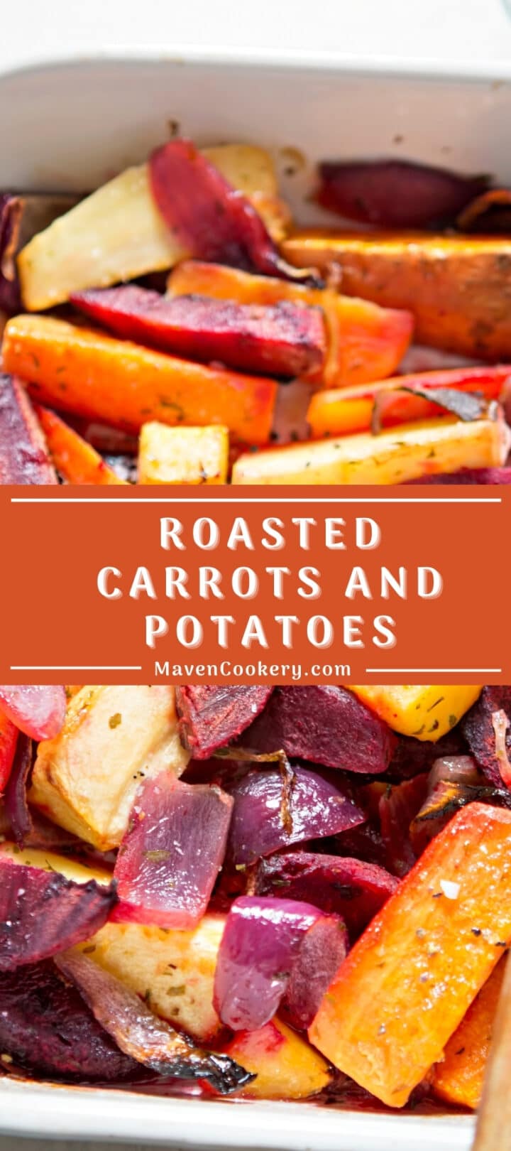 Roasted potatoes, carrots and red onions shown in a ceramic baking dish.