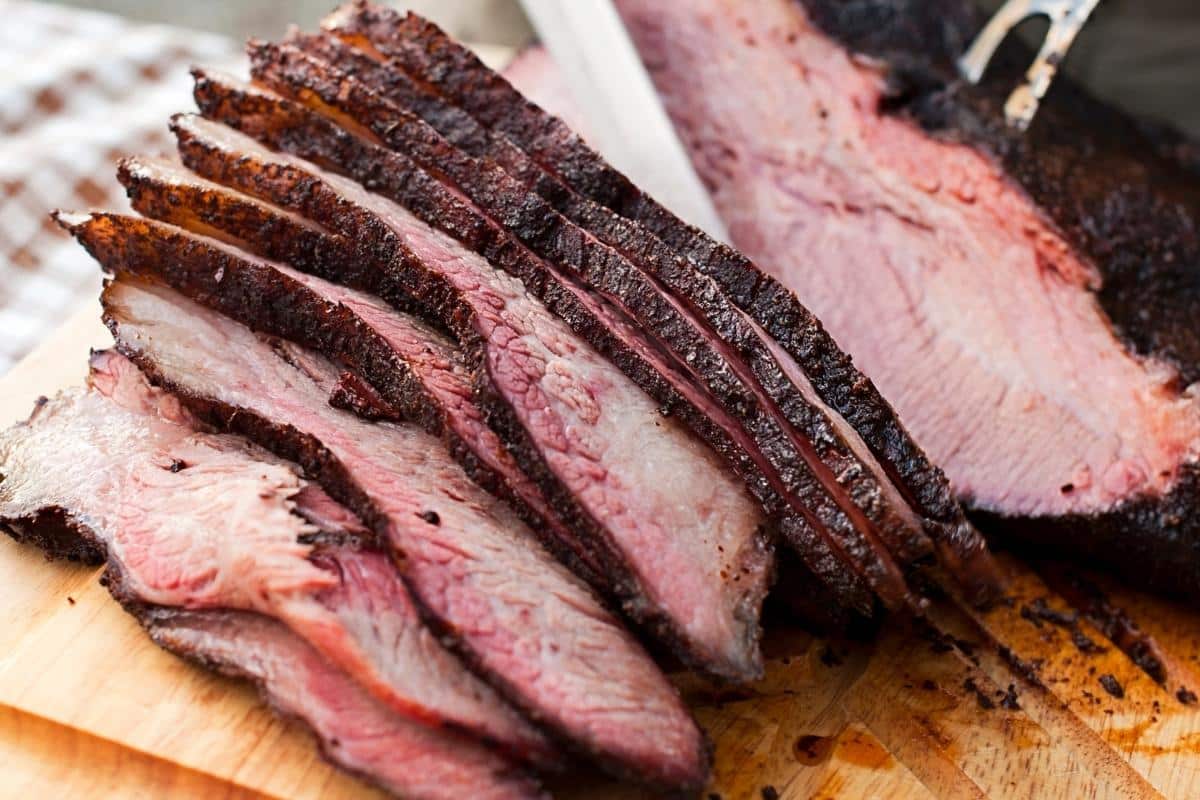 sliced beef brisket flat recipe with perfect coloring inside and a nice bark