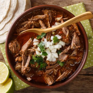 birria des res top down view garnished with onions and cilantro. tortillas on the side ready for filling